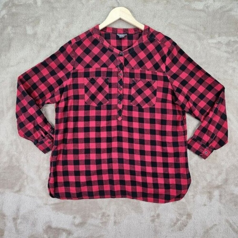 Eddie Bauer Henley Shirt Women's XXL Red Black Buffalo Plaid Long Sleeve Outdoor